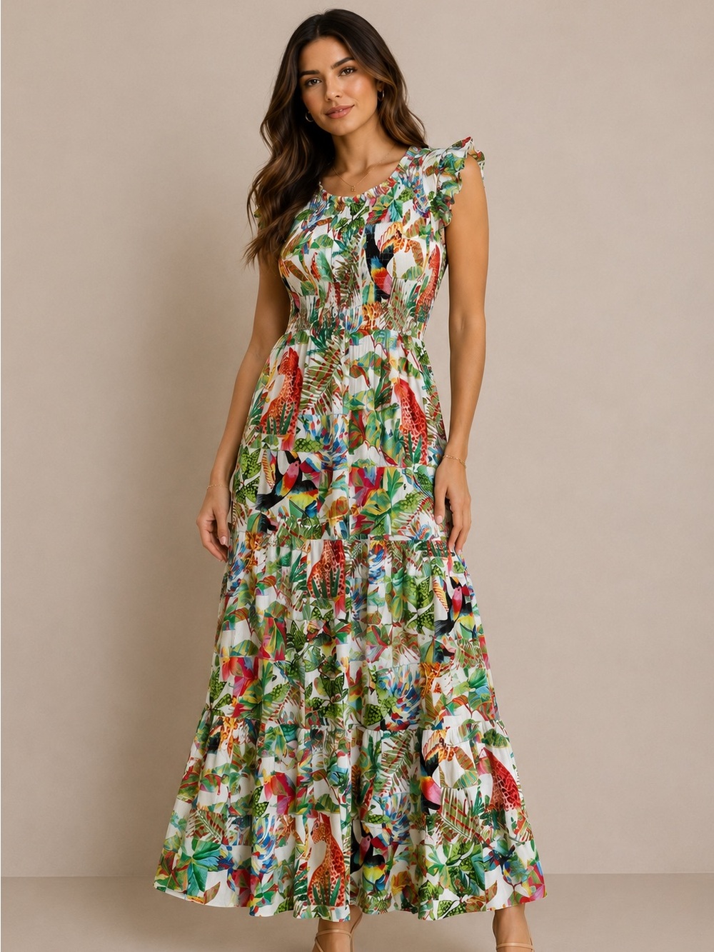 NWT Briton Court Tropical Smocked Tiered Maxi Dress